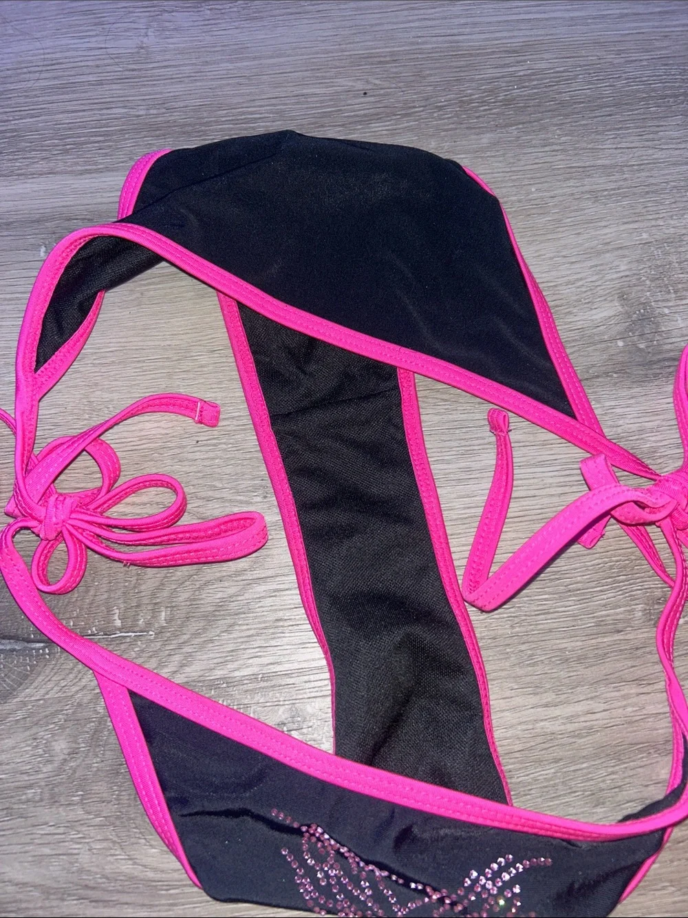 Black & Hot Pink Rhinestone cybersigilism Y2KTriangle Bikini Bottom - Women Swim